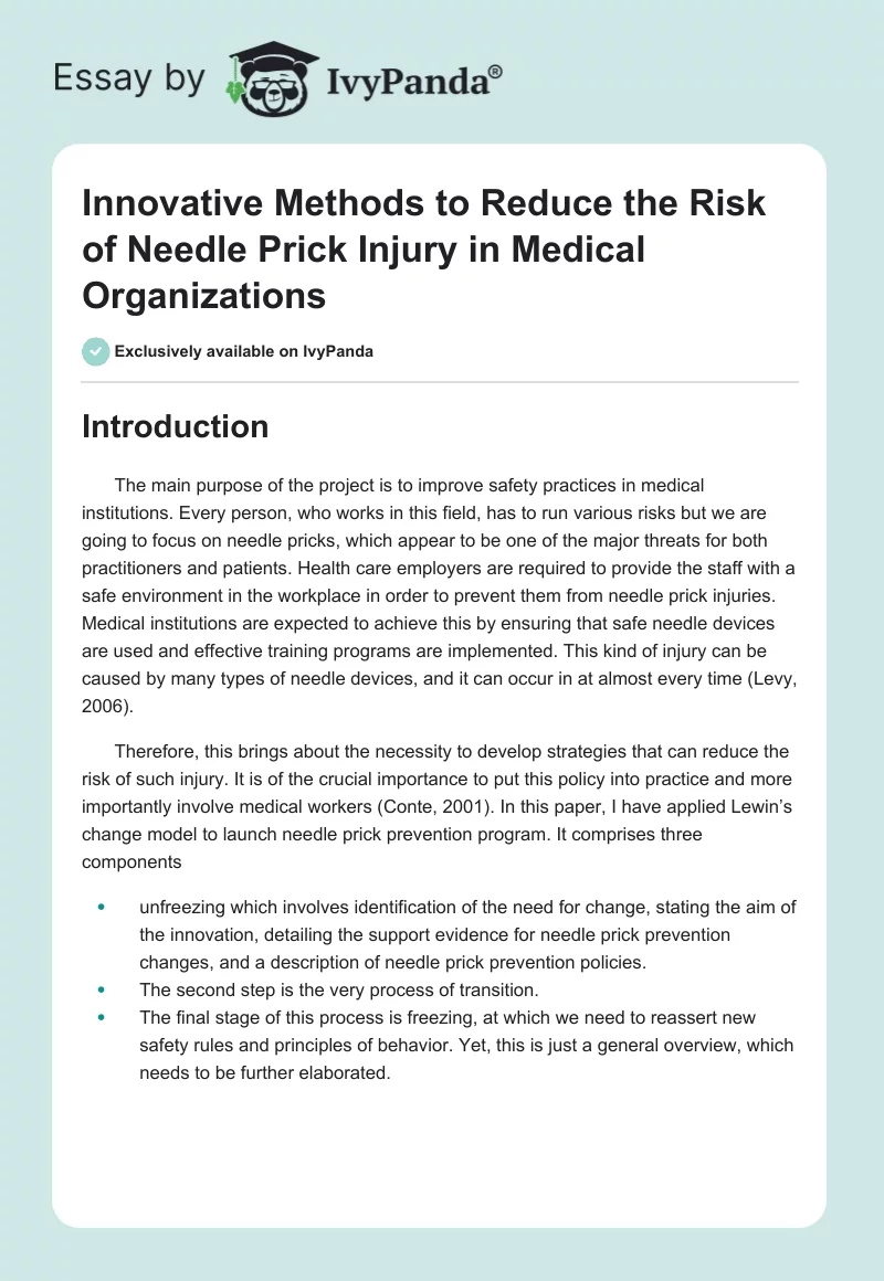 Innovative Methods to Reduce the Risk of Needle Prick Injury in Medical Organizations. Page 1