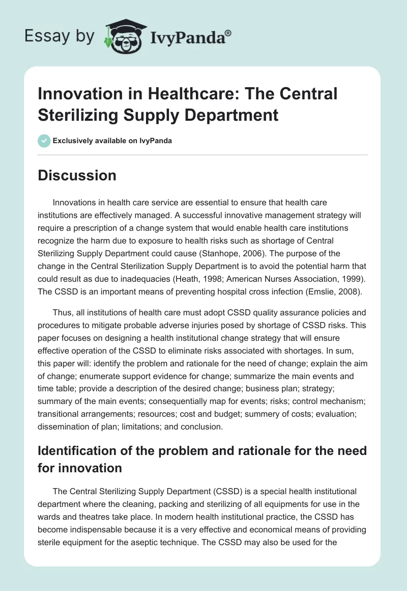 Innovation in Healthcare: The Central Sterilizing Supply Department. Page 1