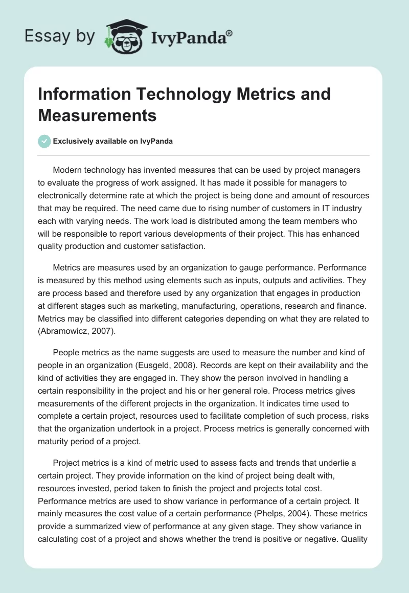 Information Technology Metrics and Measurements. Page 1