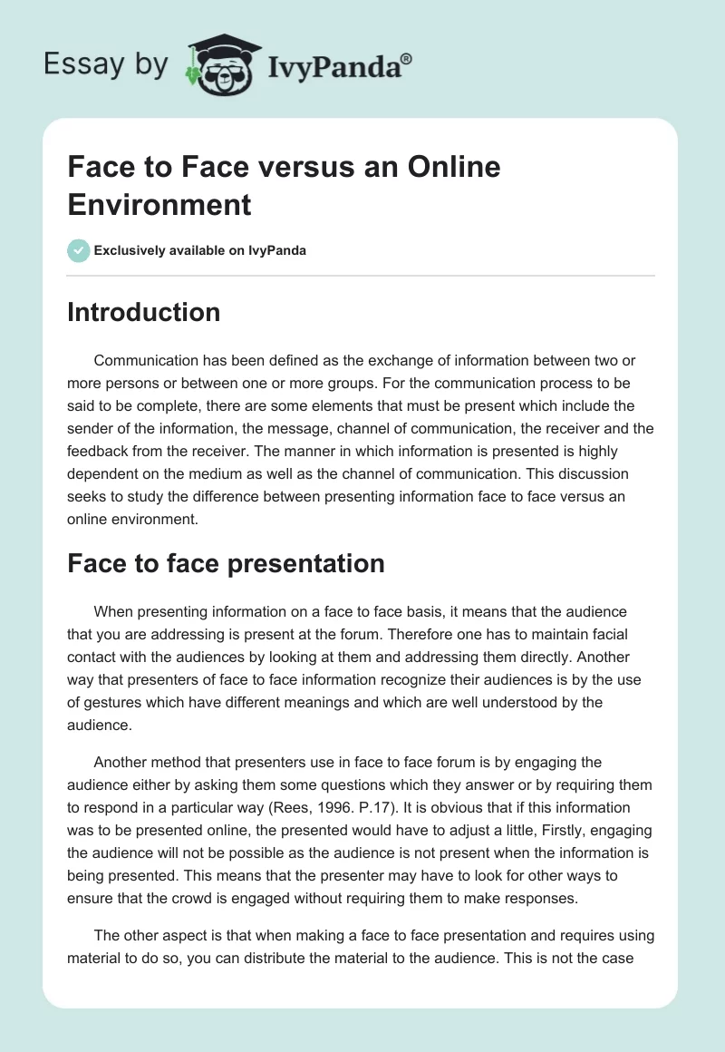 Face to Face versus an Online Environment. Page 1