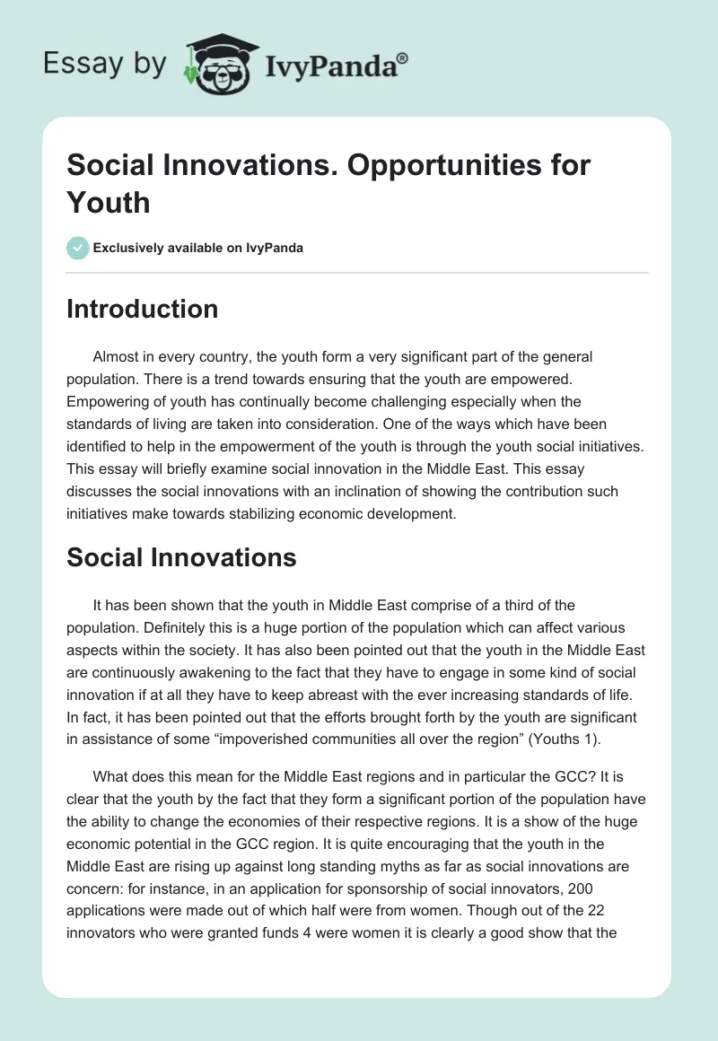 Social Innovations. Opportunities for Youth. Page 1