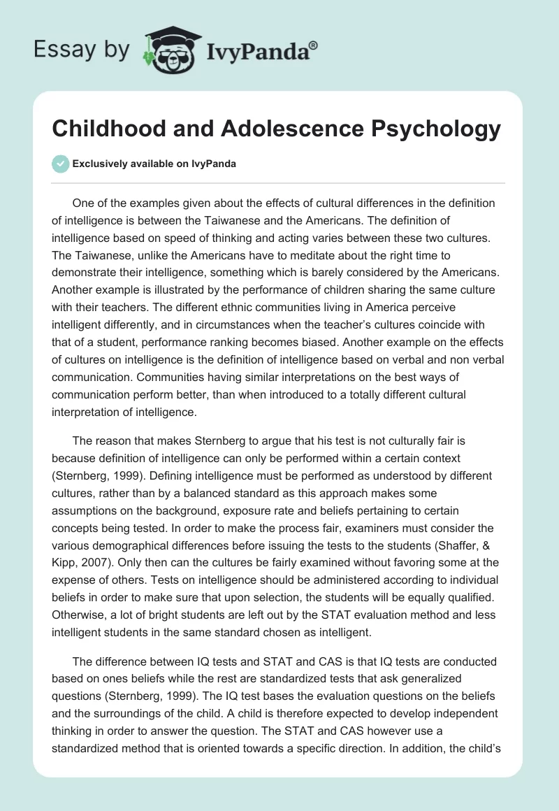 Childhood and Adolescence Psychology. Page 1