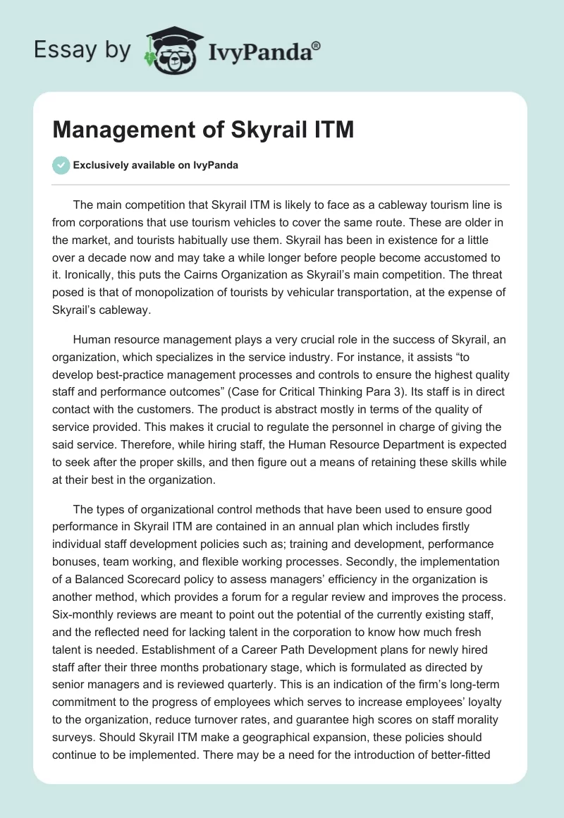 Management of Skyrail ITM. Page 1