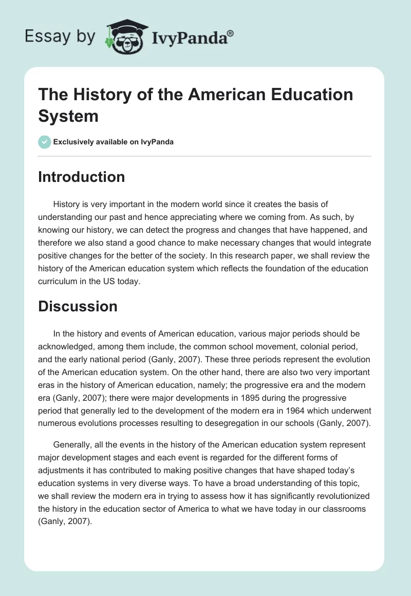 The History of the American Education System. Page 1