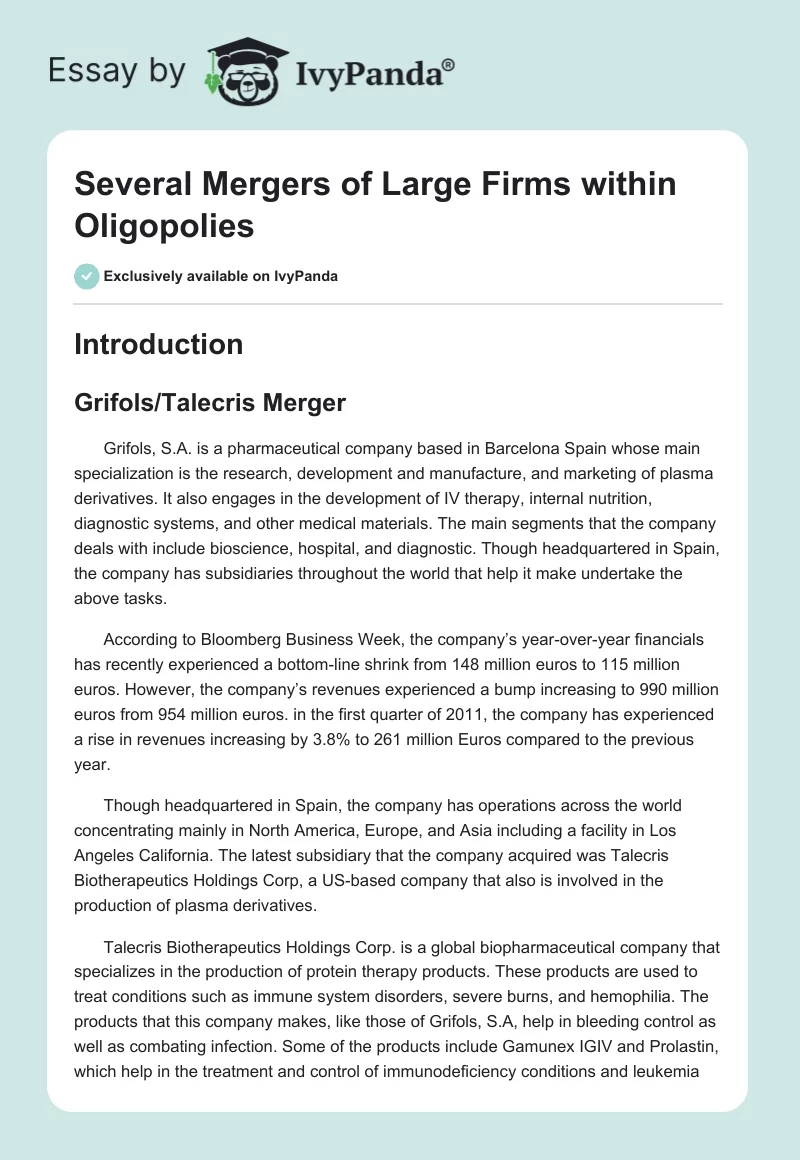 Several Mergers of Large Firms Within Oligopolies. Page 1