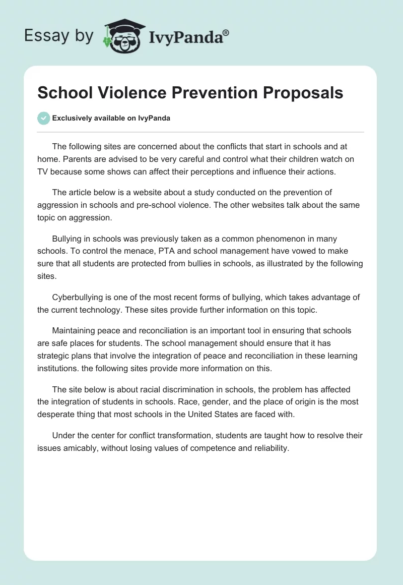 School Violence Prevention Proposals. Page 1