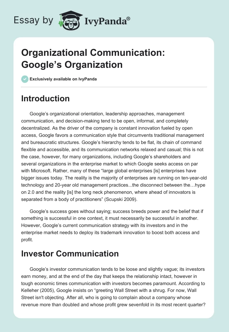 Organizational Communication: Google’s Organization. Page 1
