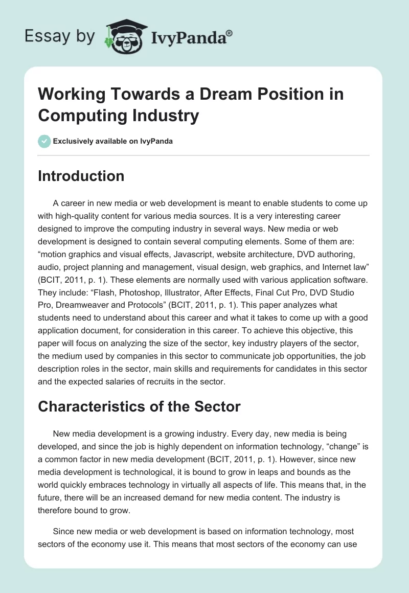 Working Towards a Dream Position in Computing Industry. Page 1