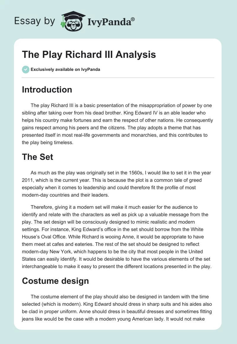 The Play Richard III Analysis. Page 1