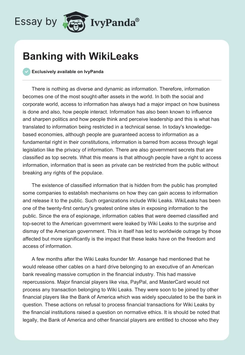 Banking With WikiLeaks. Page 1