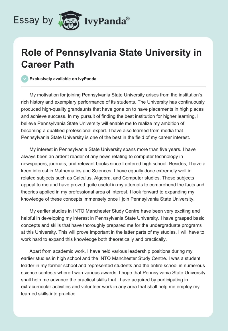 Role of Pennsylvania State University in Career Path. Page 1