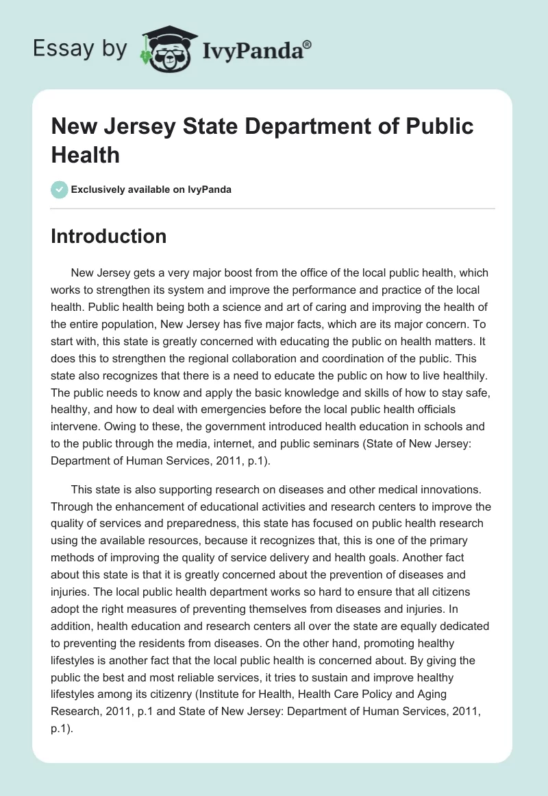 New Jersey State Department of Public Health. Page 1