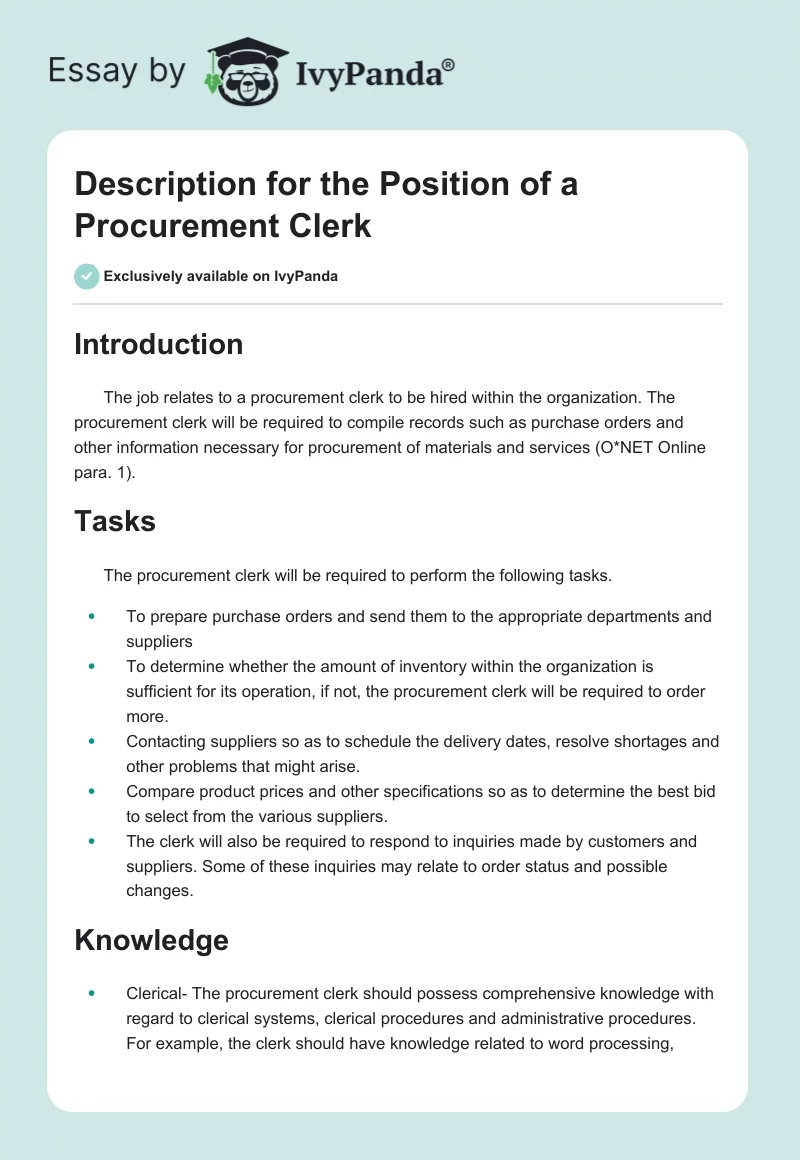 Description for the Position of a Procurement Clerk. Page 1