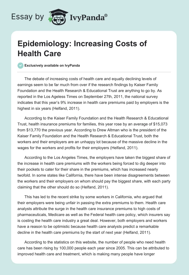 Epidemiology: Increasing Costs of Health Care. Page 1