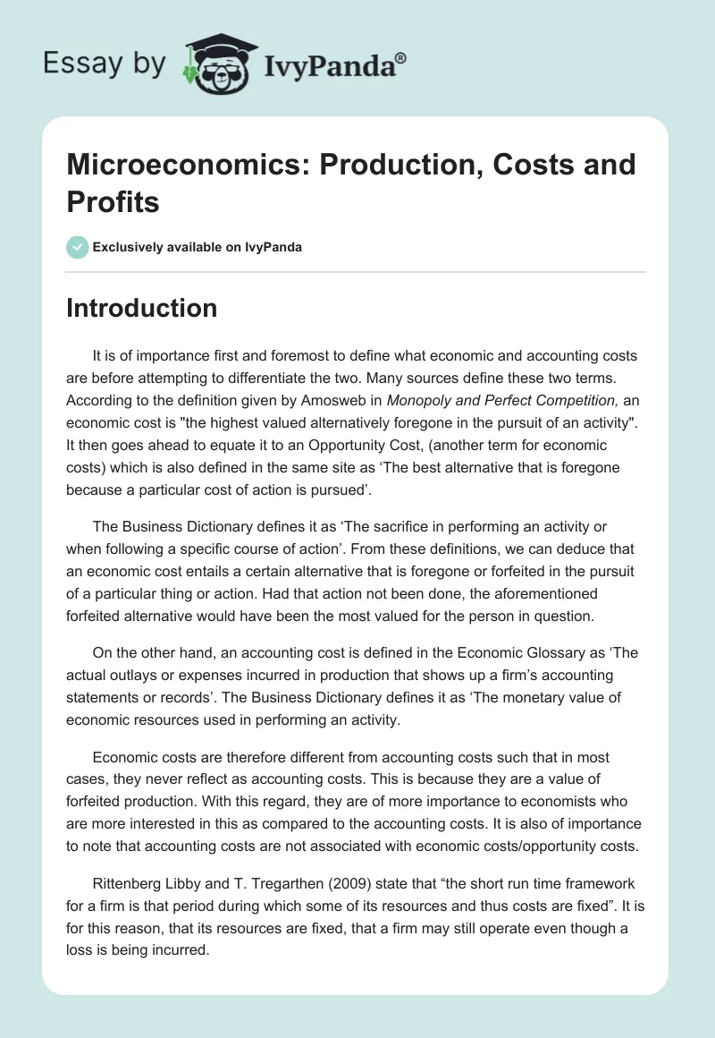 Microeconomics: Production, Costs and Profits. Page 1