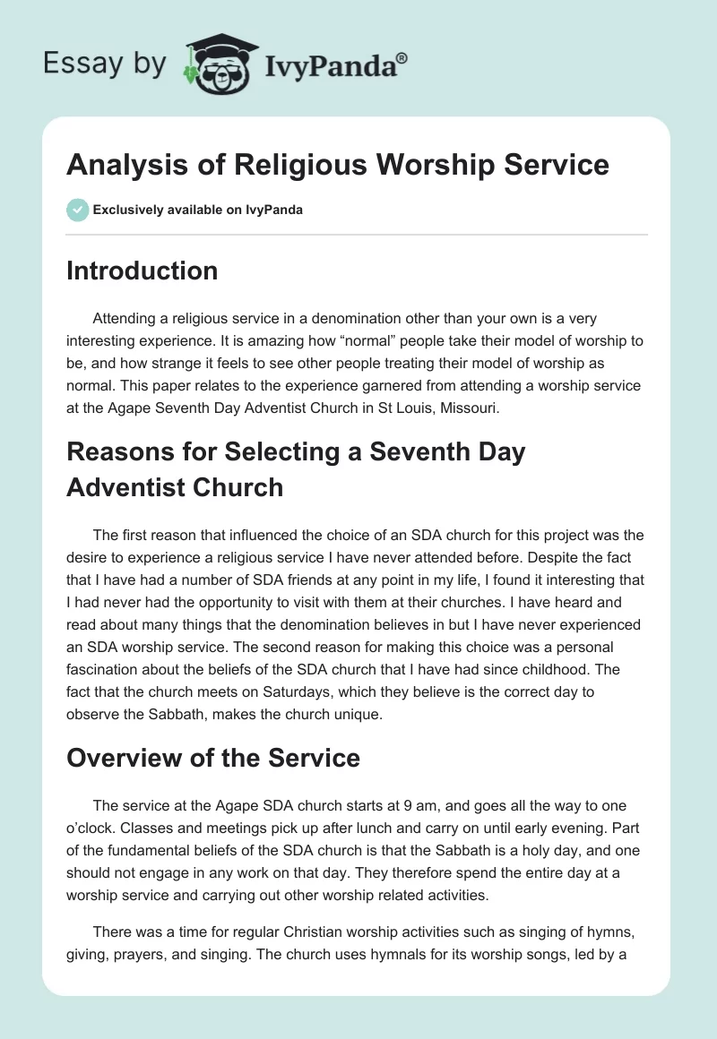 Analysis of Religious Worship Service. Page 1