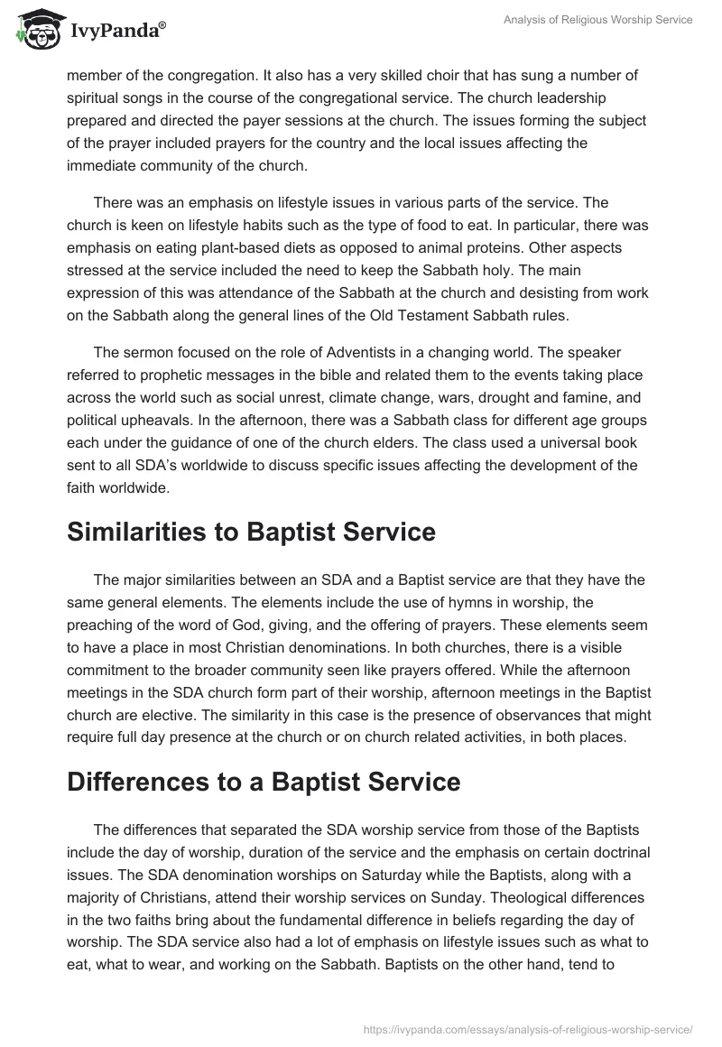 Analysis of Religious Worship Service. Page 2