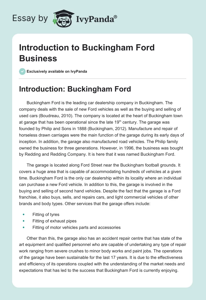 Introduction to Buckingham Ford Business. Page 1