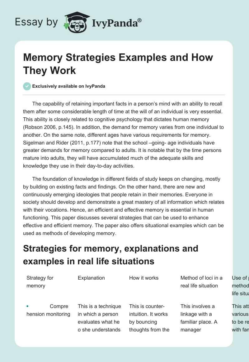 Memory Strategies Examples and How They Work. Page 1