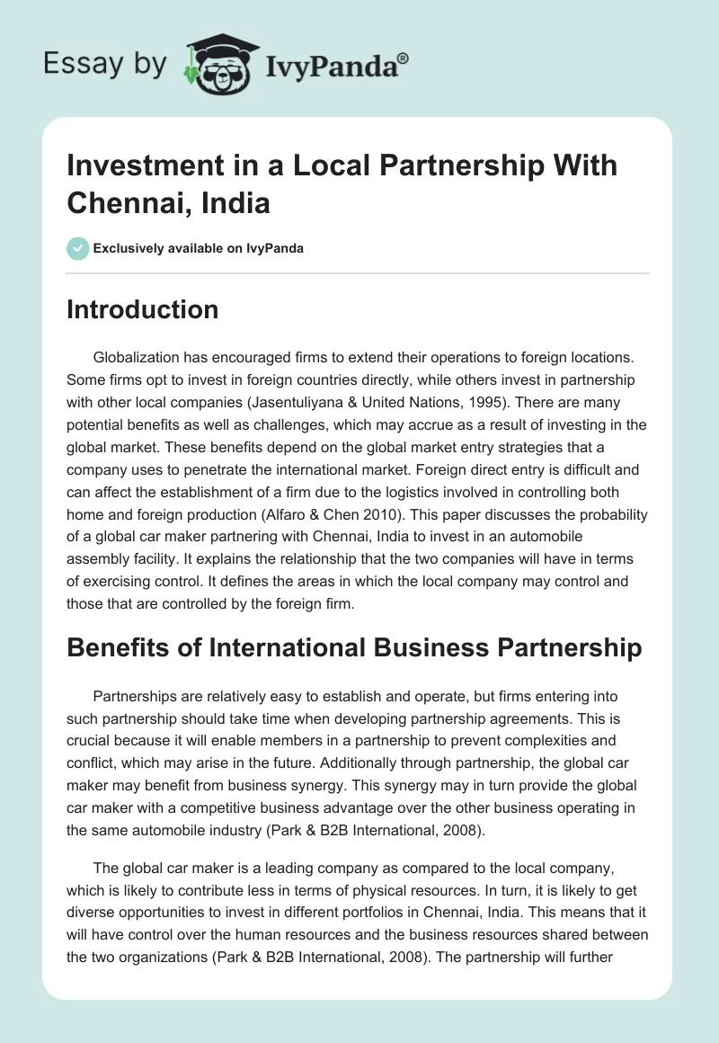 Investment in a Local Partnership With Chennai, India. Page 1