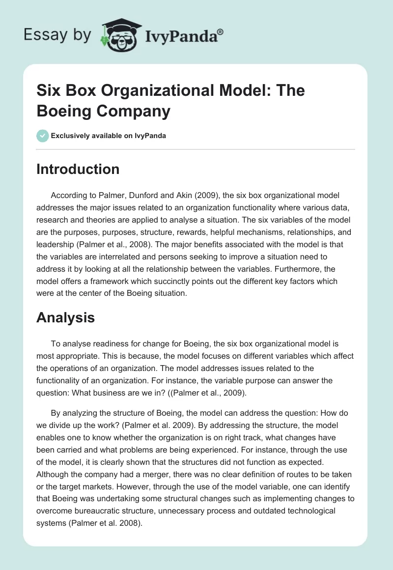 Six Box Organizational Model: The Boeing Company. Page 1