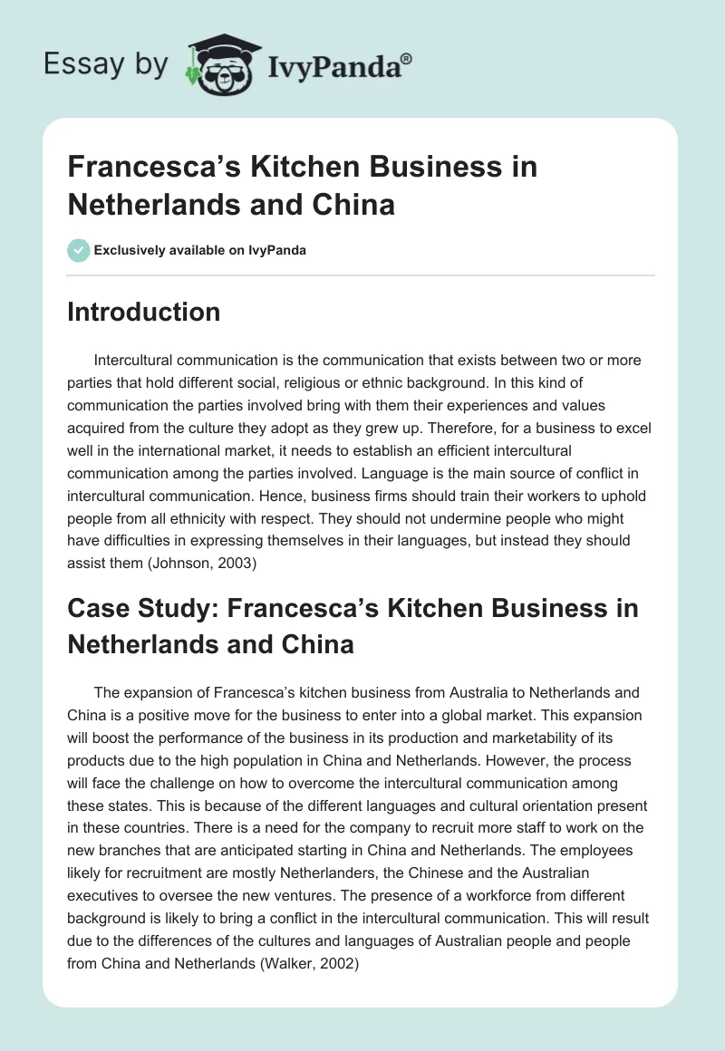 Francesca’s Kitchen Business in Netherlands and China. Page 1