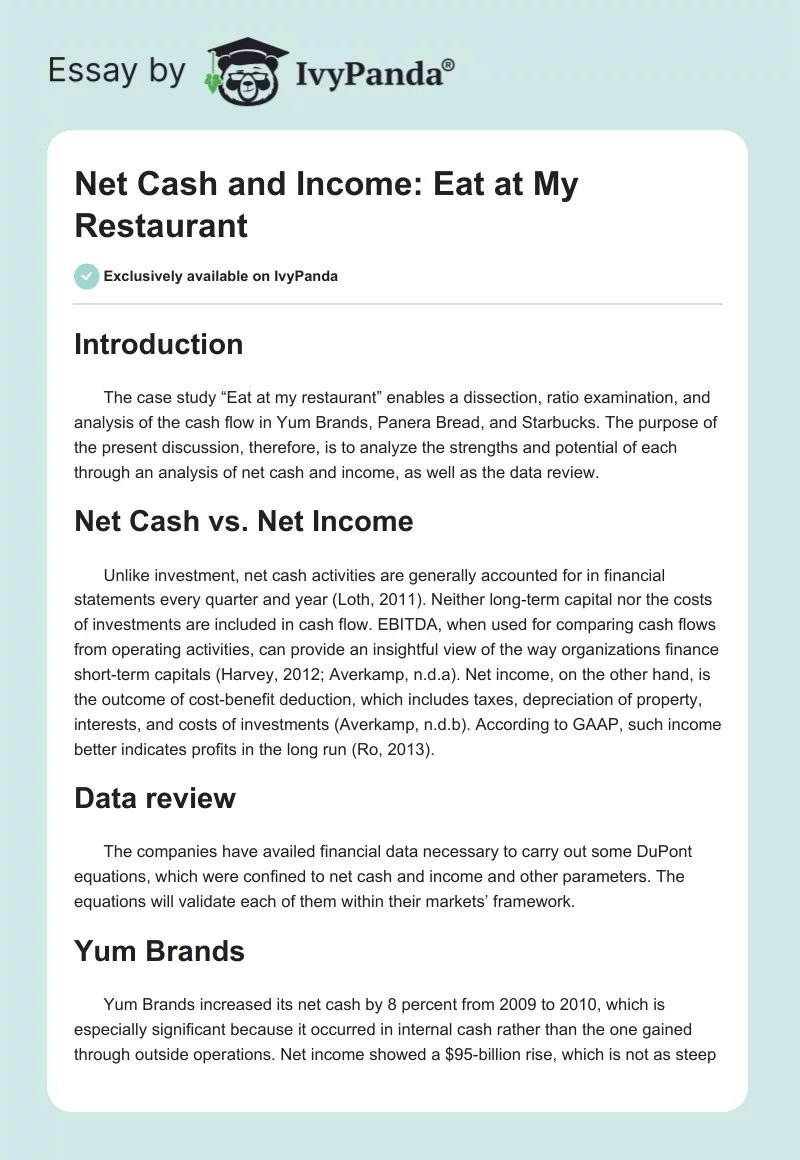 Net Cash and Income: Eat at My Restaurant. Page 1