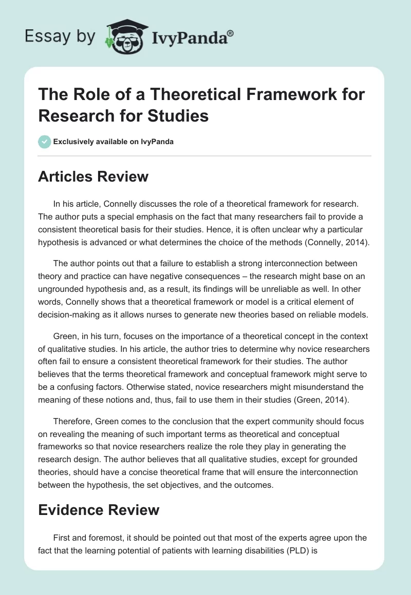 The Role of a Theoretical Framework for Research for Studies. Page 1
