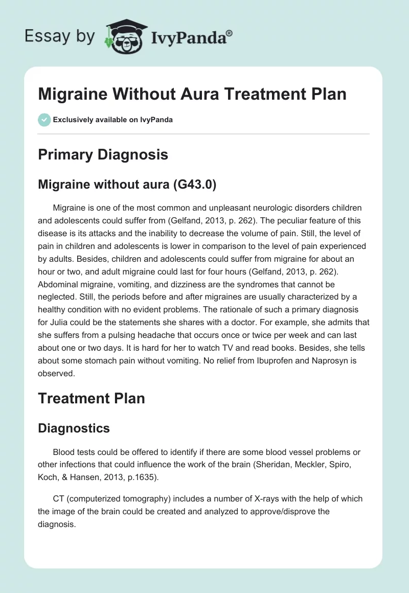 Migraine Without Aura Treatment Plan. Page 1