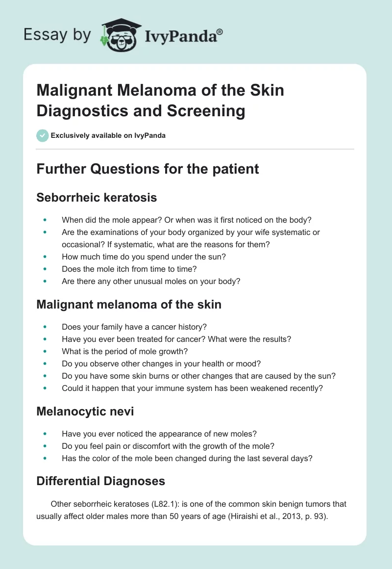 Malignant Melanoma of the Skin Diagnostics and Screening. Page 1