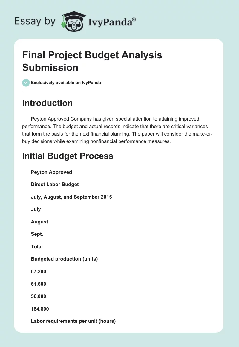 Final Project Budget Analysis Submission. Page 1