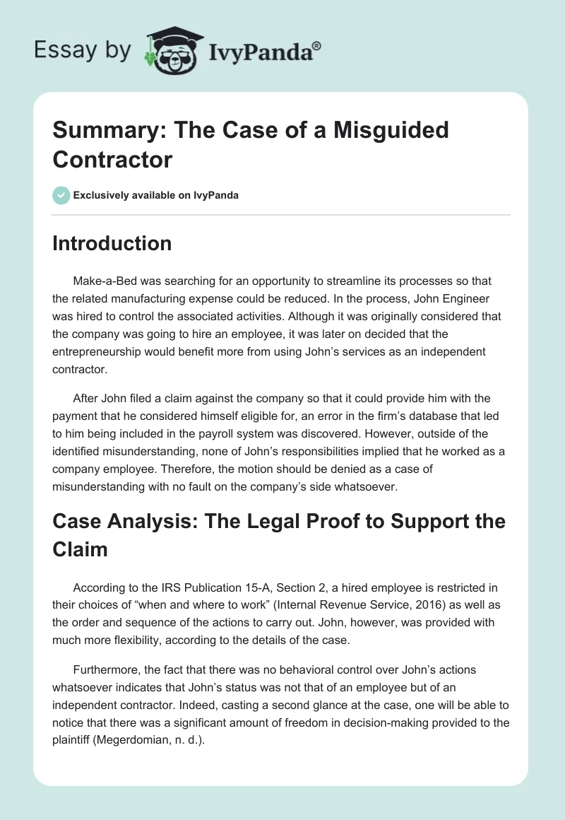 Summary: The Case of a Misguided Contractor. Page 1