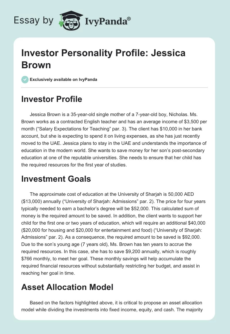 Investor Personality Profile: Jessica Brown. Page 1