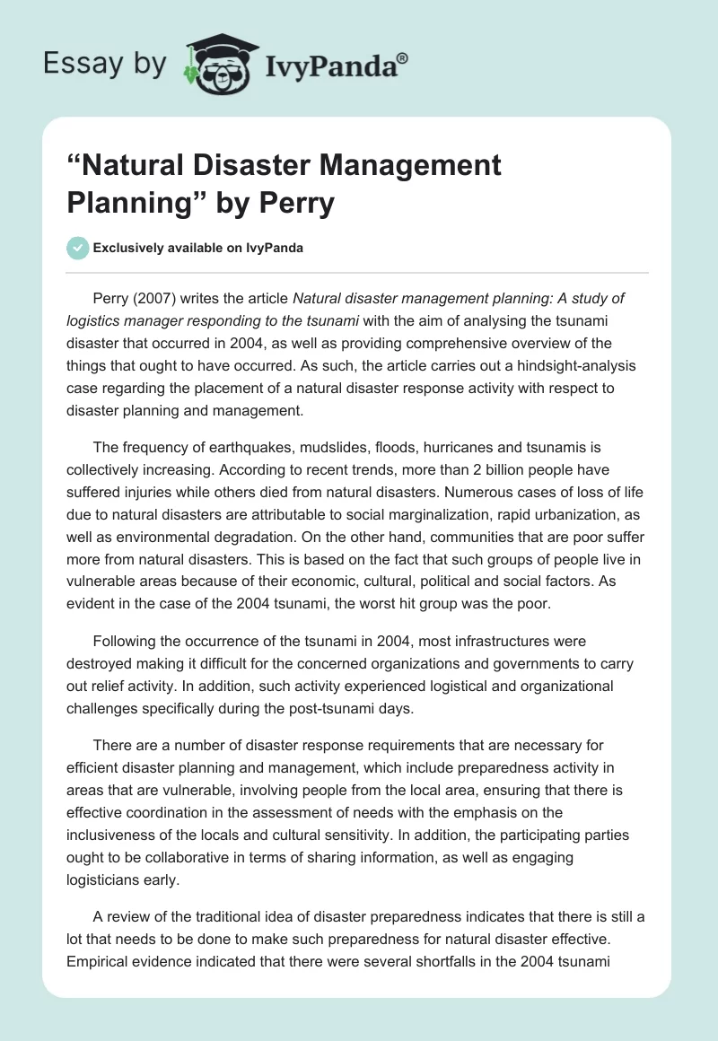 “Natural Disaster Management Planning” by Perry. Page 1