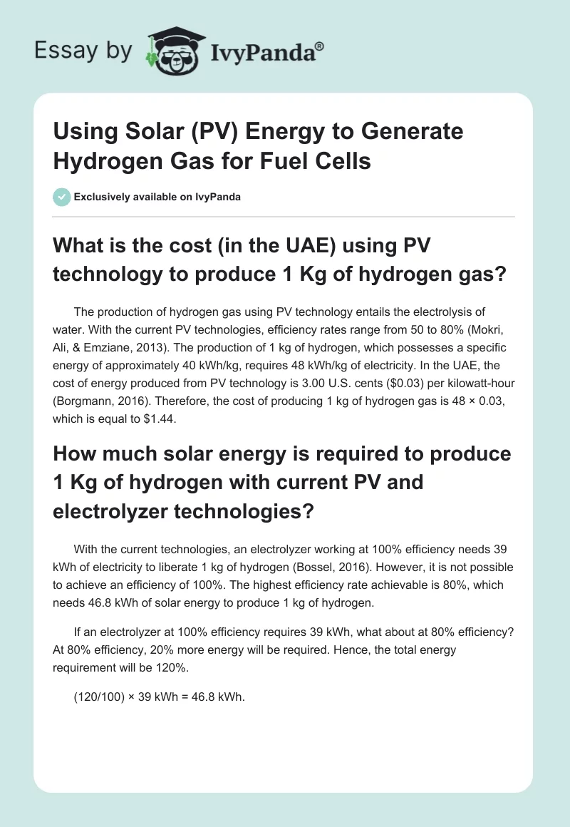 Using Solar (PV) Energy to Generate Hydrogen Gas for Fuel Cells. Page 1