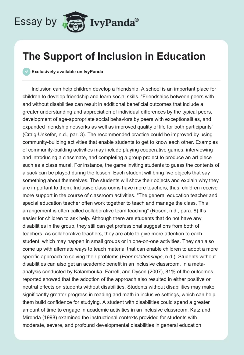 The Support of Inclusion in Education. Page 1