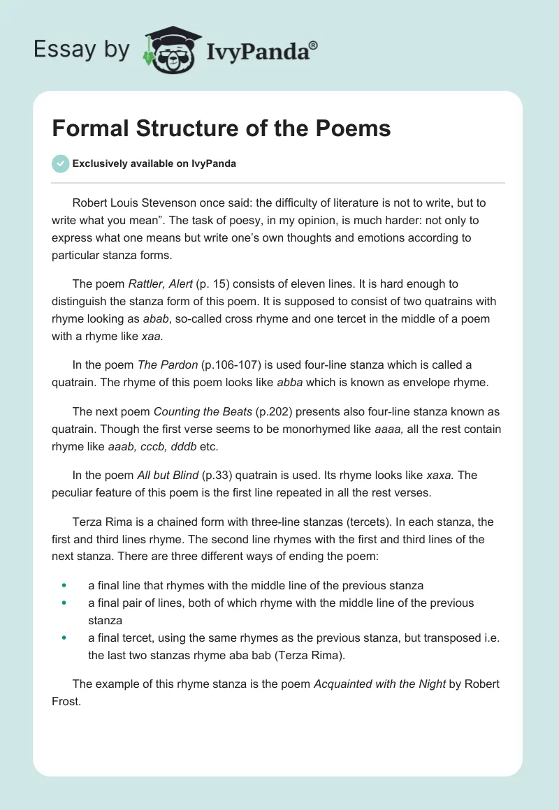 Formal Structure of the Poems. Page 1