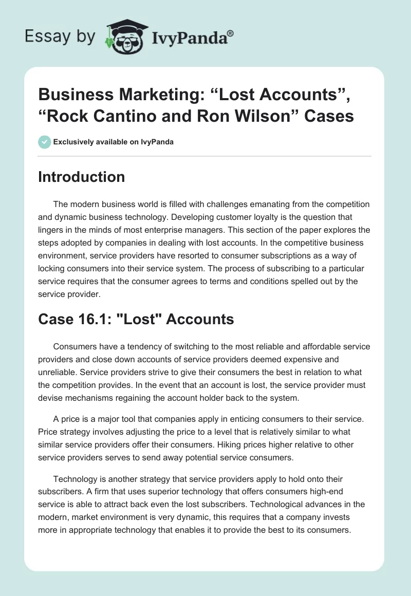 Business Marketing: “Lost Accounts”, “Rock Cantino and Ron Wilson” Cases. Page 1