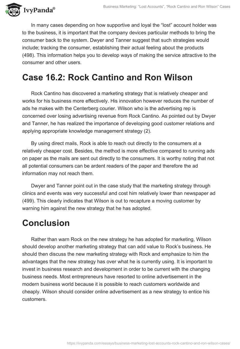 Business Marketing: “Lost Accounts”, “Rock Cantino and Ron Wilson” Cases. Page 2