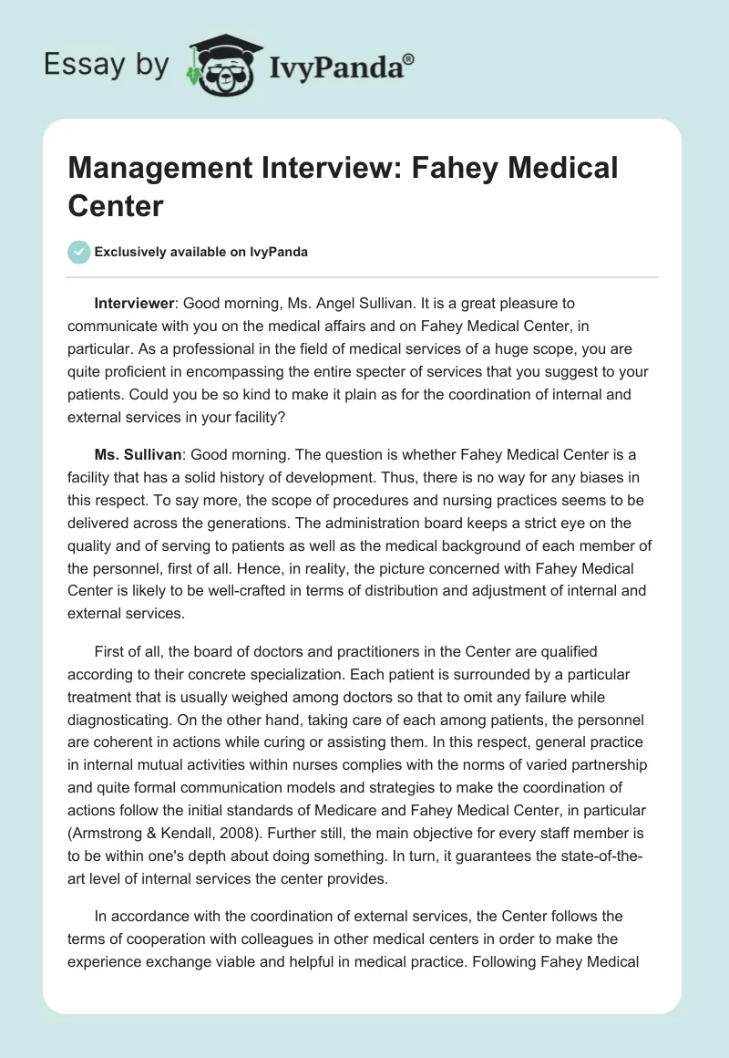 Management Interview: Fahey Medical Center. Page 1