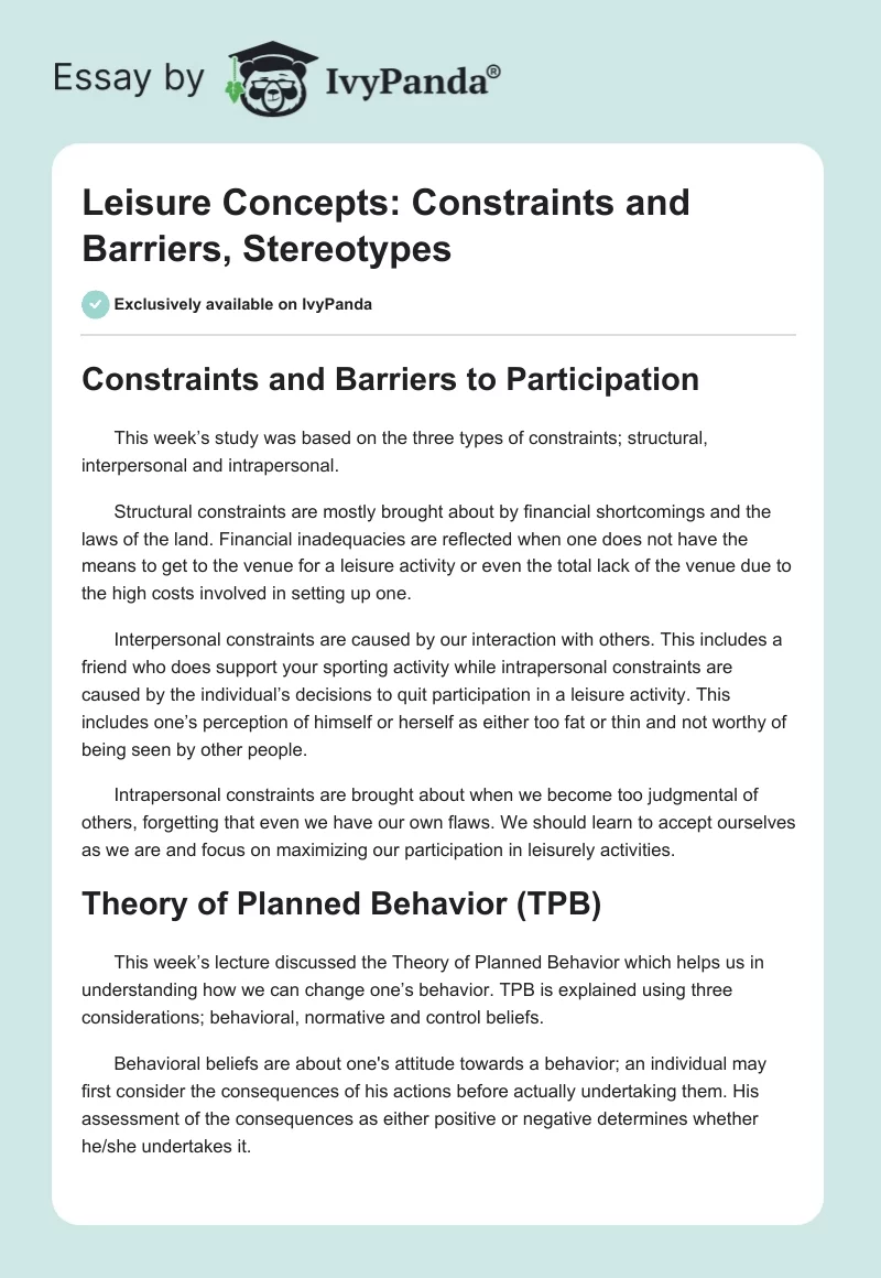 Leisure Concepts: Constraints and Barriers, Stereotypes. Page 1