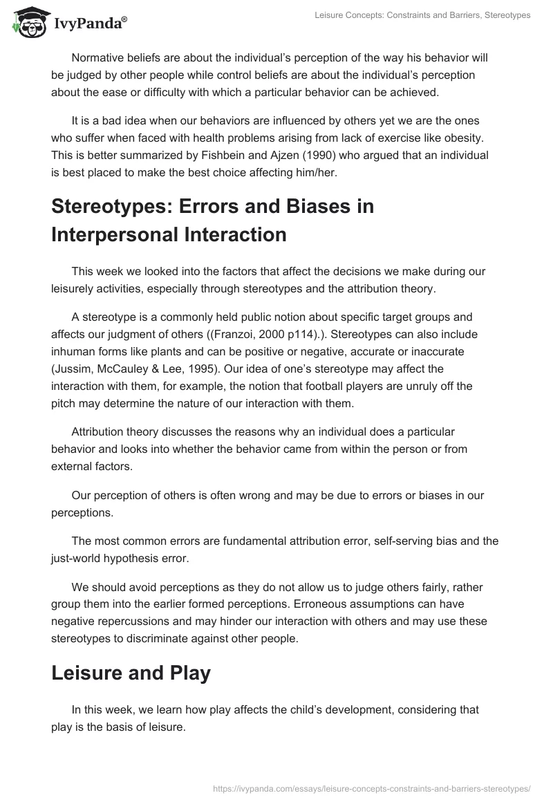 Leisure Concepts: Constraints and Barriers, Stereotypes. Page 2