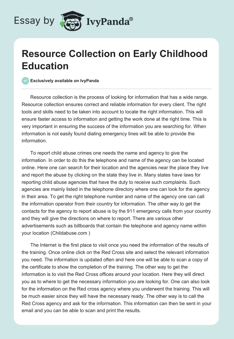 Resource Collection on Early Childhood Education. Page 1