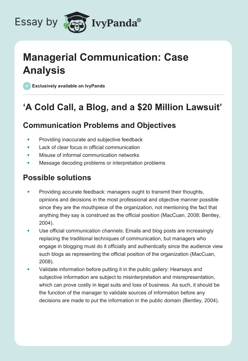 Managerial Communication: Case Analysis. Page 1