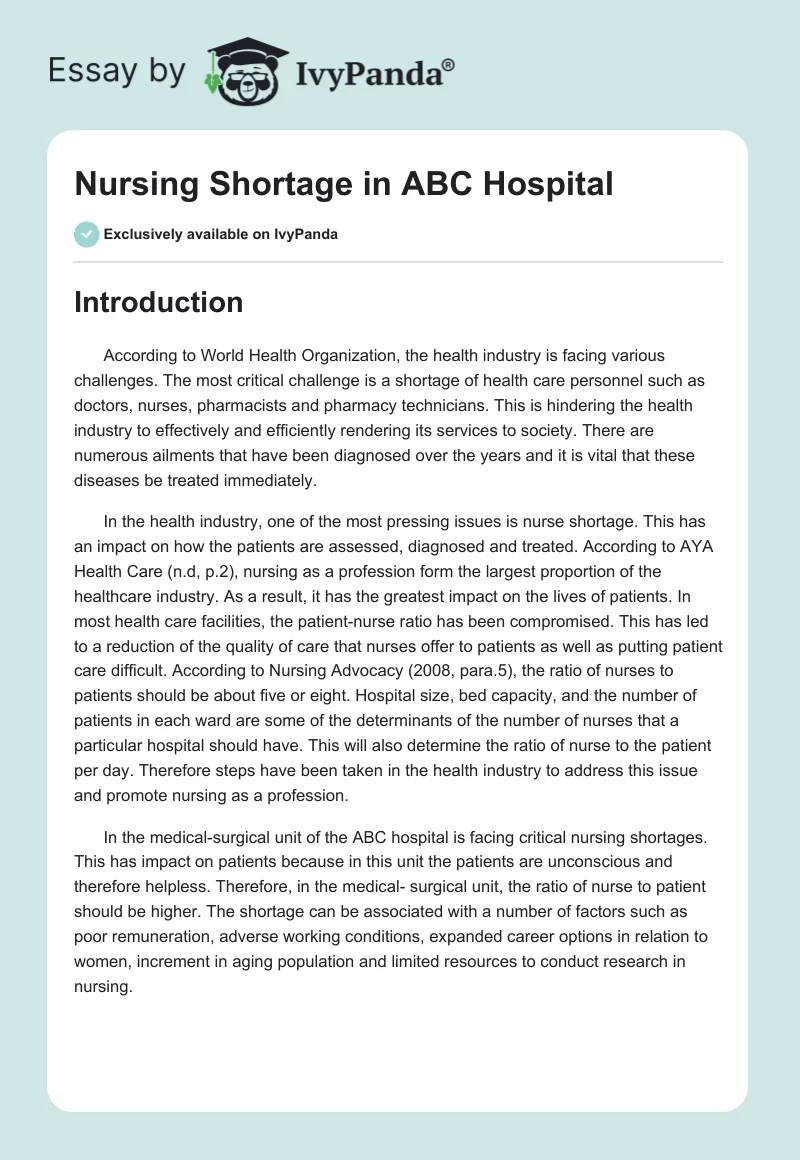 Nursing Shortage in ABC Hospital. Page 1