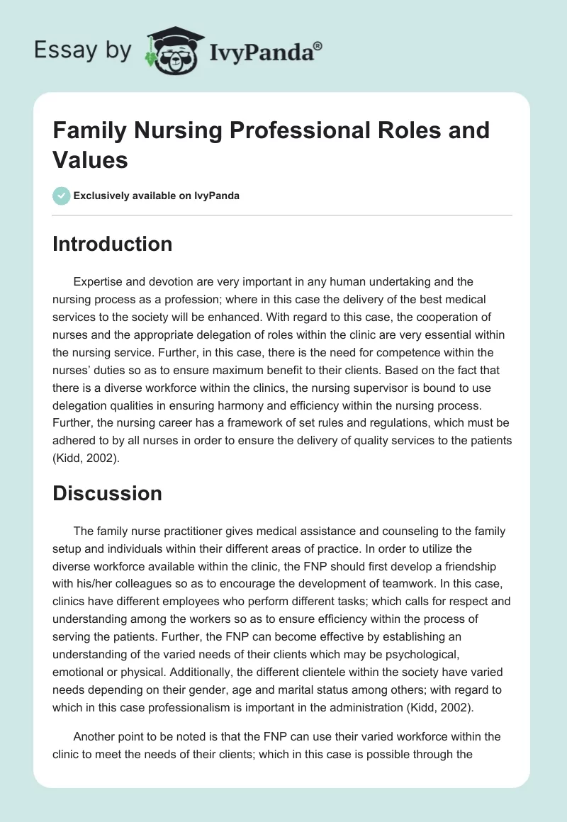 Family Nursing Professional Roles and Values. Page 1