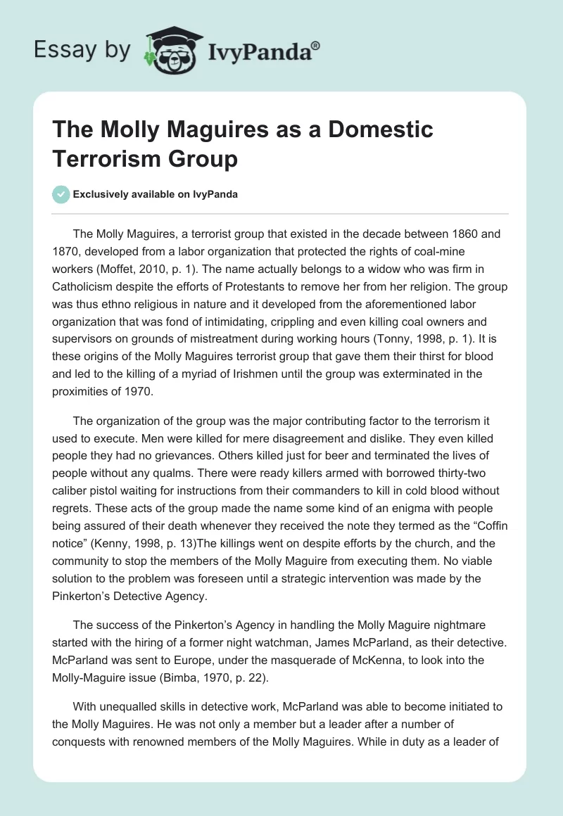 The Molly Maguires as a Domestic Terrorism Group. Page 1
