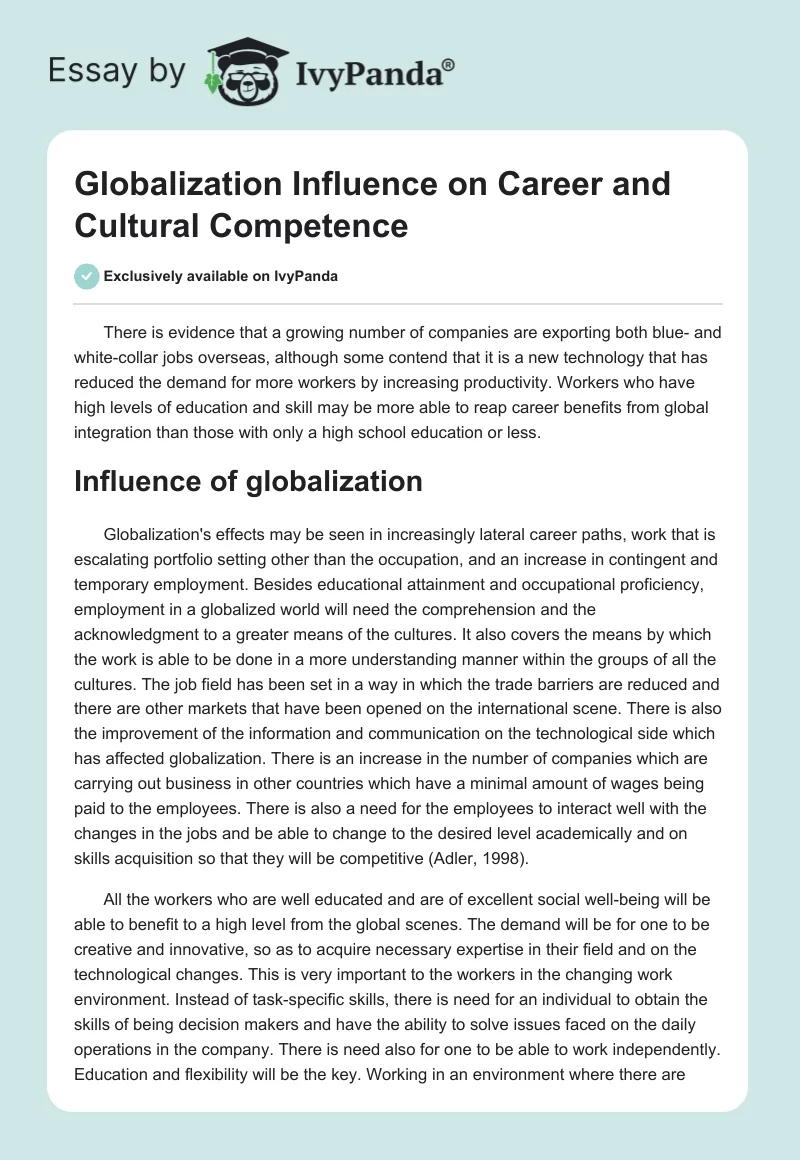 Globalization Influence on Career and Cultural Competence. Page 1