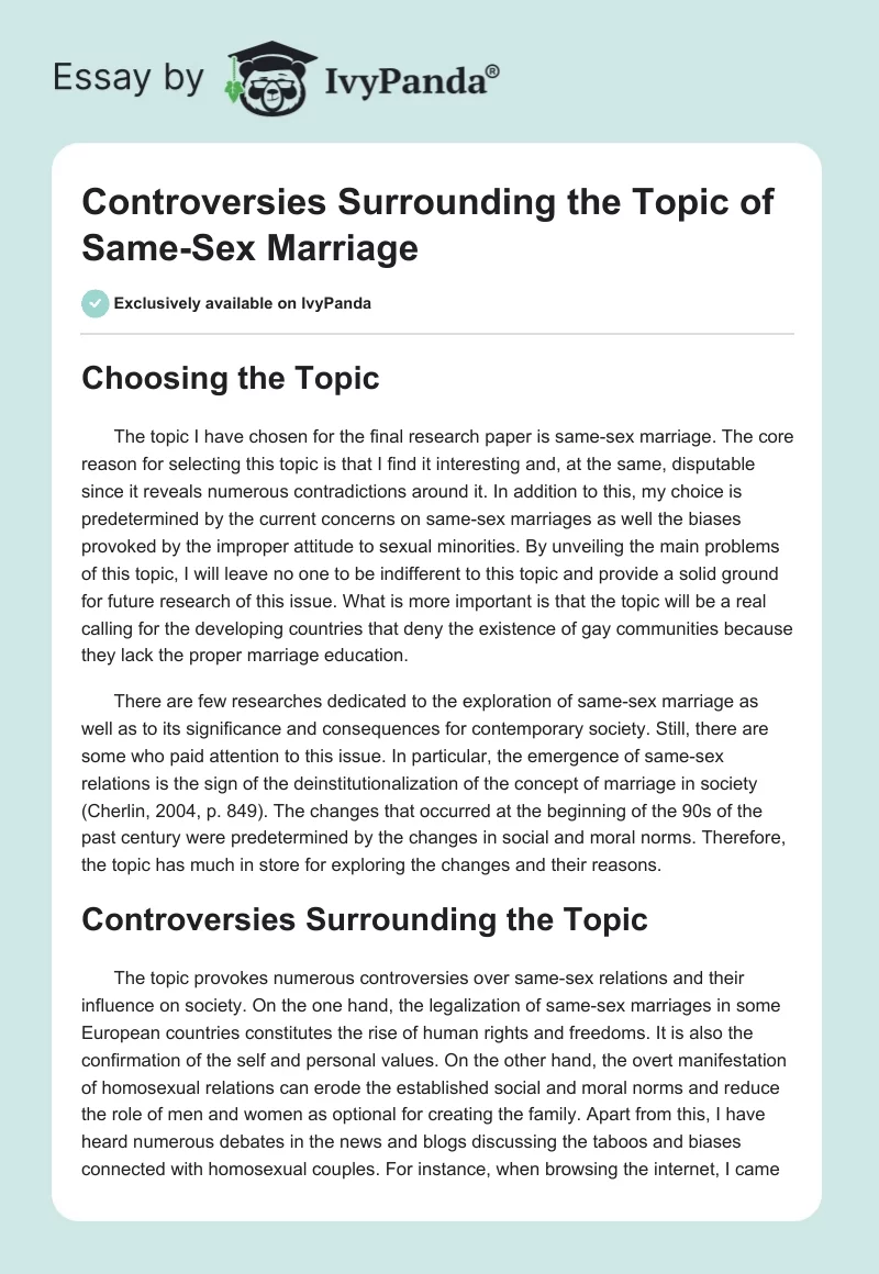 Controversies Surrounding the Topic of Same-Sex Marriage. Page 1