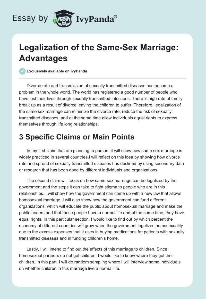 Legalization of the Same-Sex Marriage: Advantages. Page 1